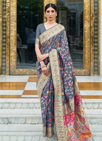 Sensational Look Kashmiri Modal Handloom Weaving Grey Saree